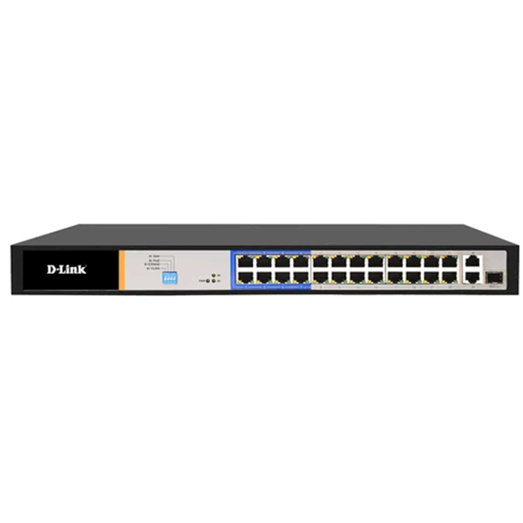 DLINK DES-F1026P-E - 26-PORT POE SWITCH WITH 24 10/100MBPS POE+ PORTS (8 LONG REACH 250M) AND 2 GIGABIT UPLINKS WITH COMBO SFP. POE BUDGET 250W.