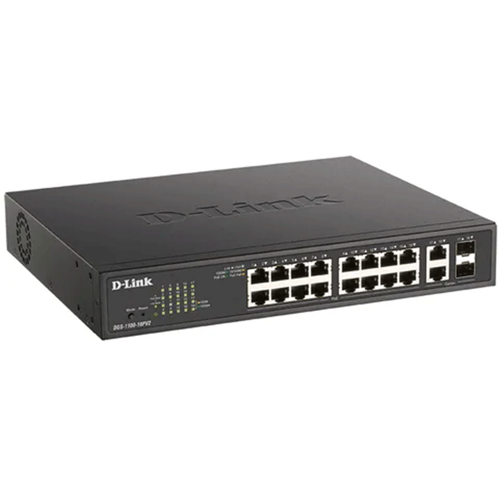 DLINK 18-PORT GIGABIT SMART MANAGED SWITCH WITH 16 POE+ AND 2 COMBO RJ45/SFP PORTS. POE BUDGET 130W.