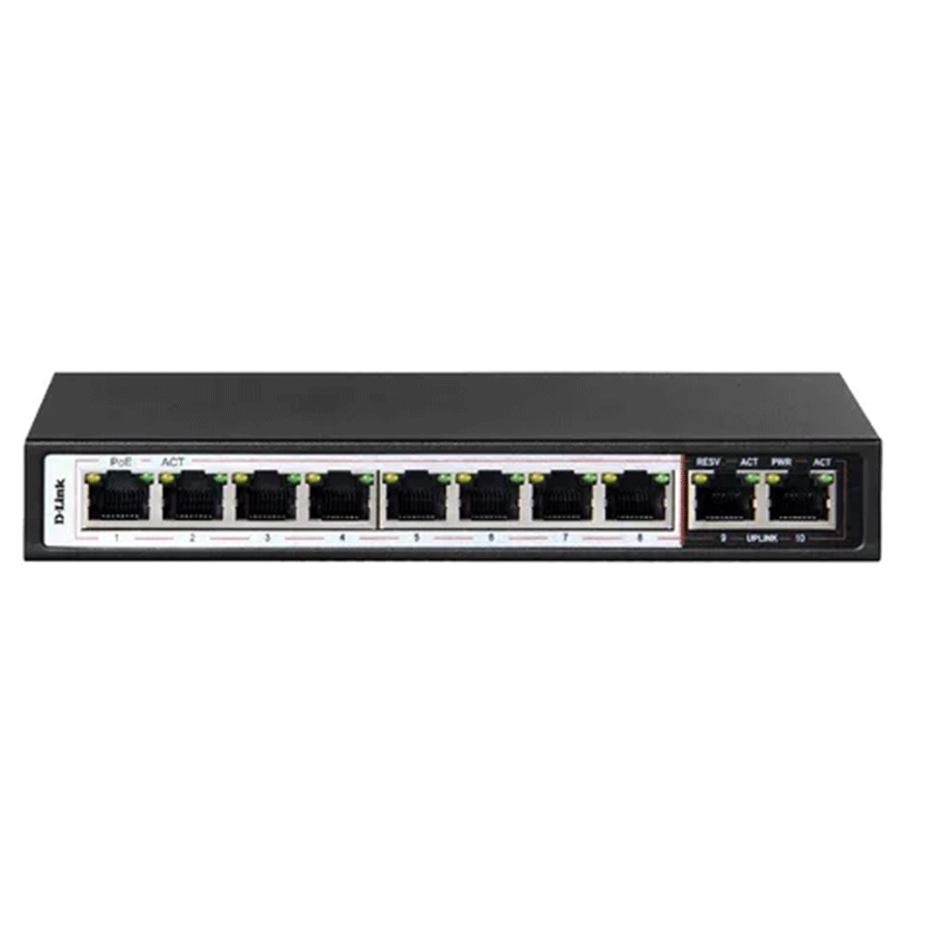 DLINK DES-F1010P-E - 10-PORT 10/100MBPS POE SWITCH WITH 8 LONG REACH POE PORTS AND 2 UPLINK PORTS. POE BUDGET 96W.