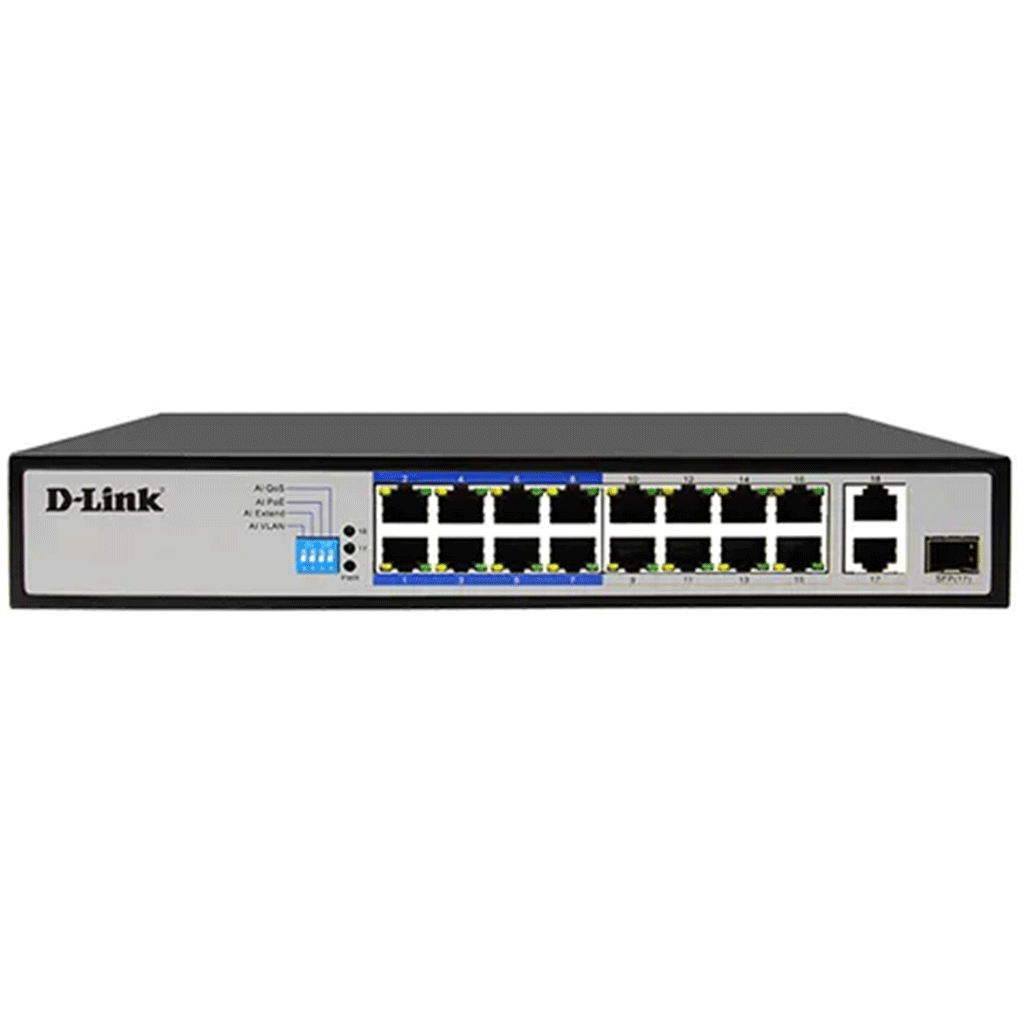 DLINK DES-F1018P-E - 18-PORT POE SWITCH WITH 16 10/100MBPS POE+ PORTS (8 LONG REACH 250M) AND 2 GIGABIT UPLINKS WITH COMBO SFP. POE BUDGET 150W.