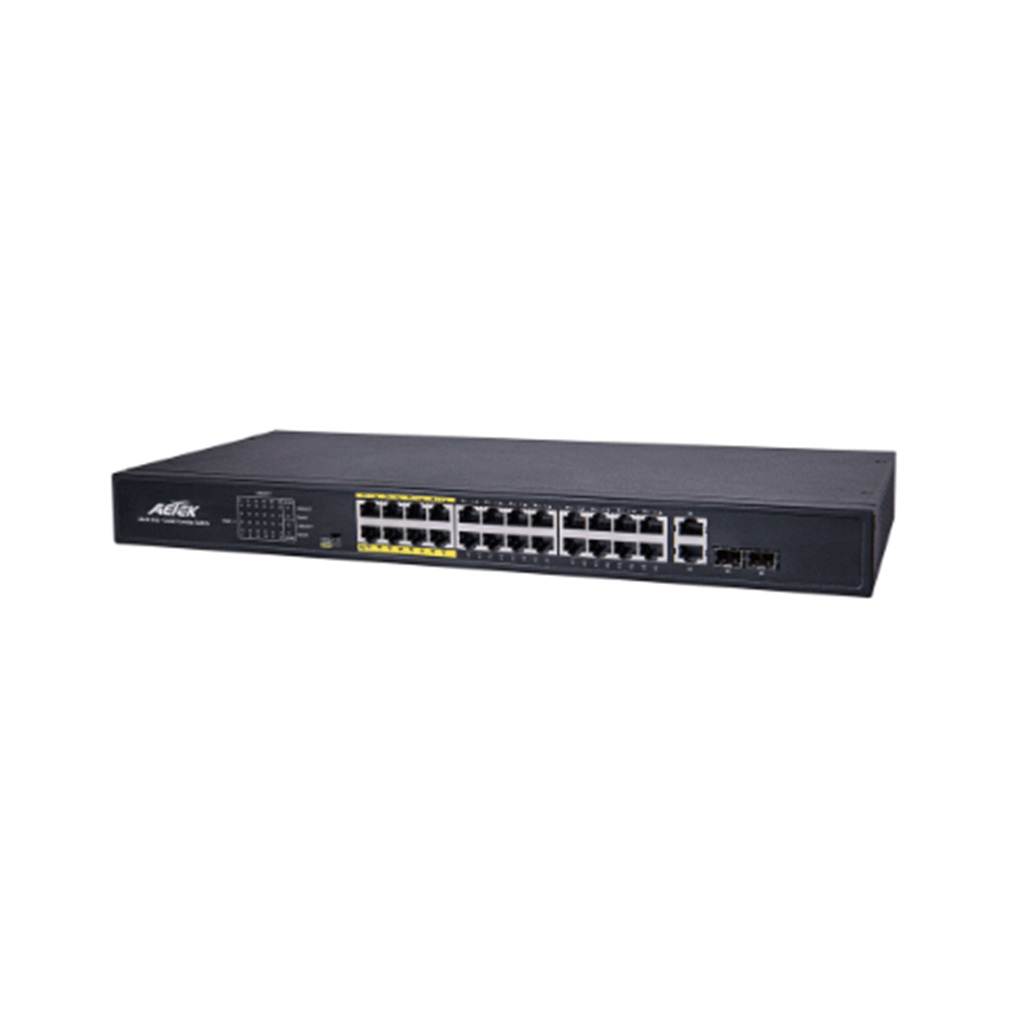 AetekAetek 24 Port Unmanaged PoE Switch, 2x 1Gb SFP/RJ45, EX Mode, 380W