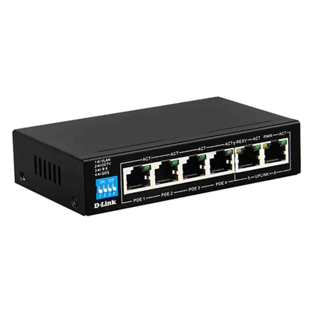 DLINK DES-F1006P-E - 6-PORT 10/100MBPS POE SWITCH WITH 4 LONG REACH POE PORTS AND 2 UPLINK PORTS. POE BUDGET 60W.