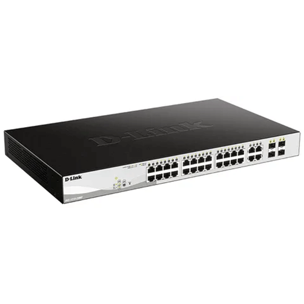 DLINK 28-PORT GIGABIT WEBSMART POE SWITCH WITH 24 RJ45 AND 4 SFP PORTS. POE BUDGET 370W.